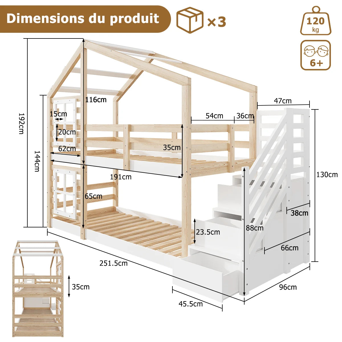 Dimensions du lit superposé cabane 90x190