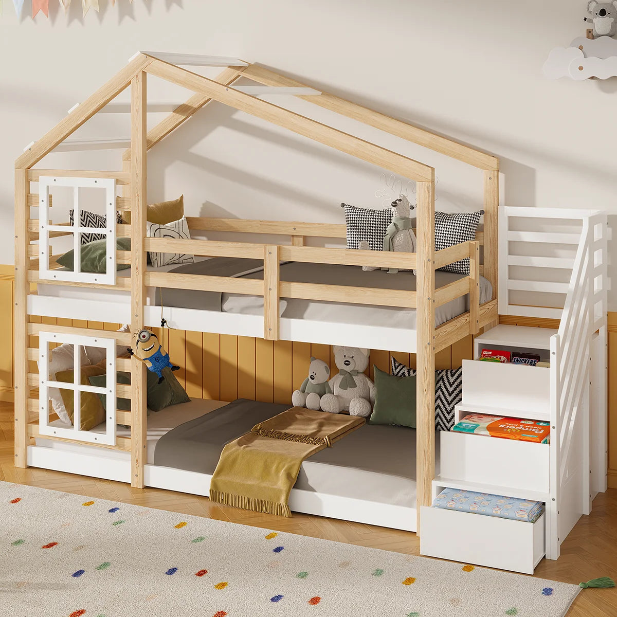 Lit superposé cabane 90x190 naturel et blanc avec escalier à tiroirs dans une chambre