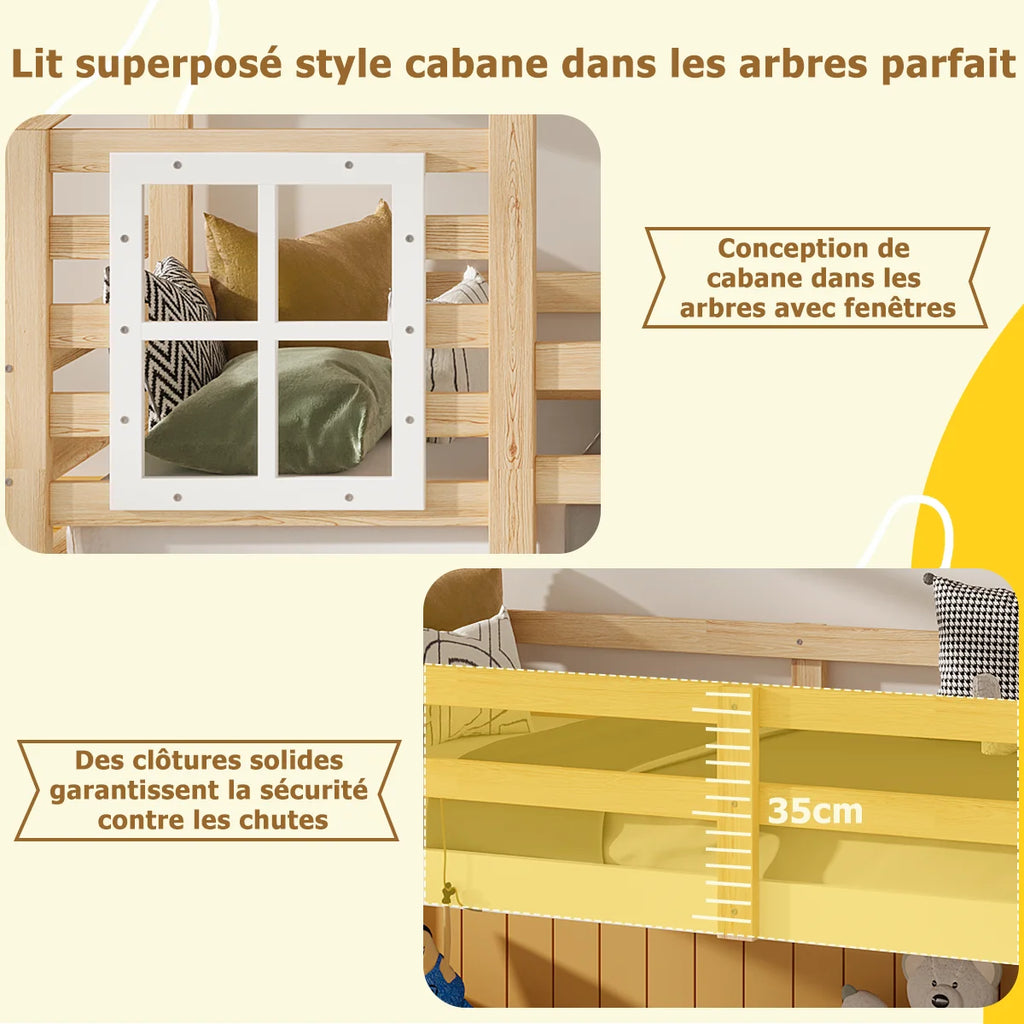 Détail des fenêtres et des barrières du lit superposé cabane