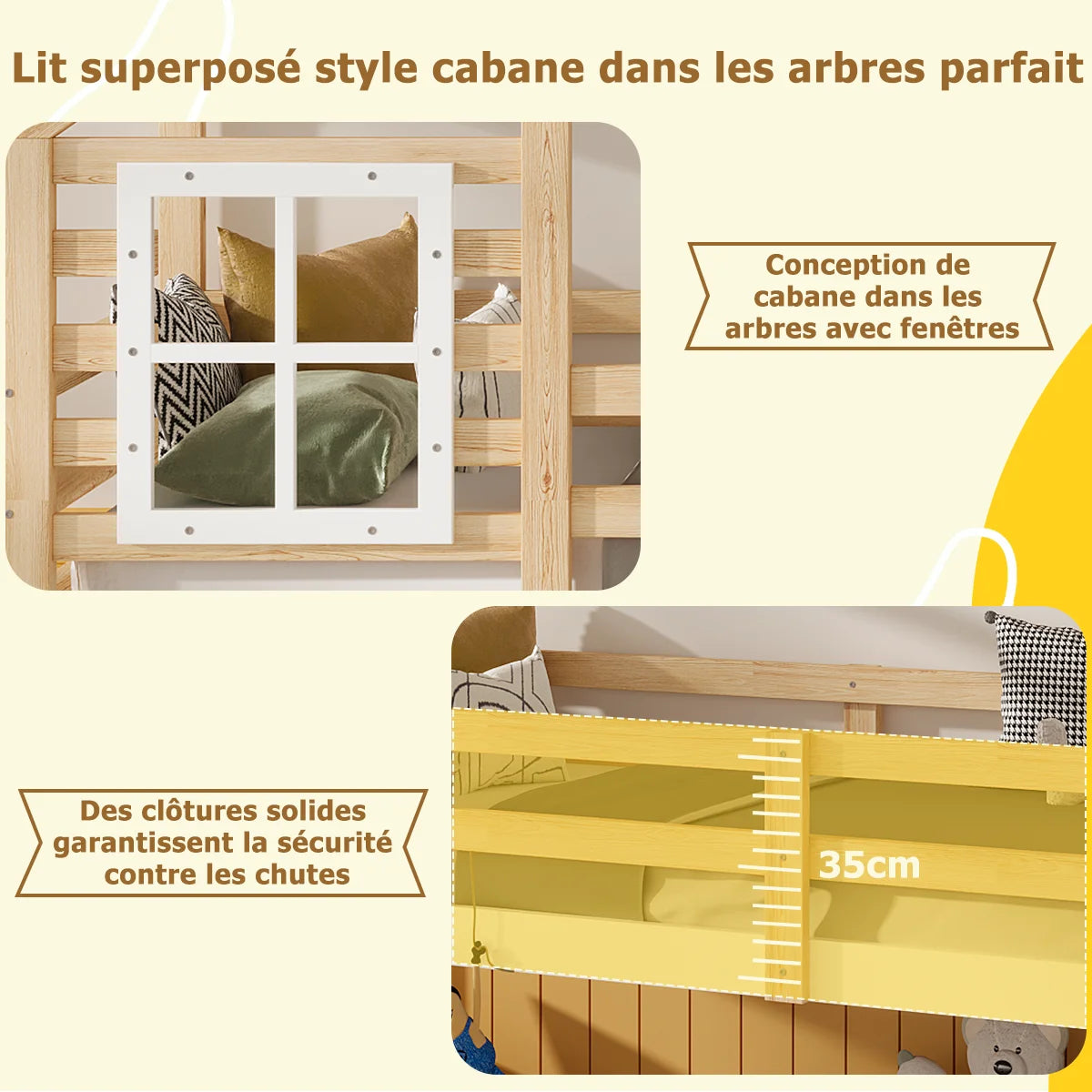 Détail des fenêtres et des barrières du lit superposé cabane