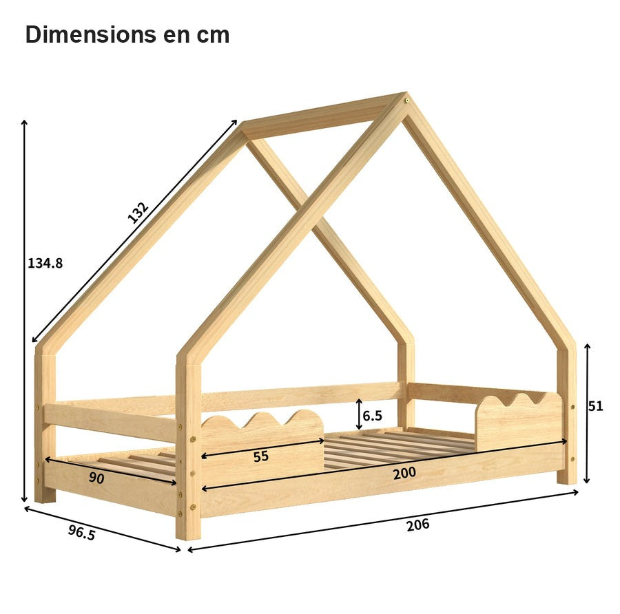 Dimensions du lit cabane 90x200 en pin naturel