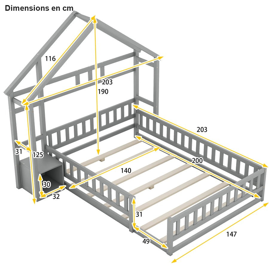 Dimensions du lit cabane gris 140x200
