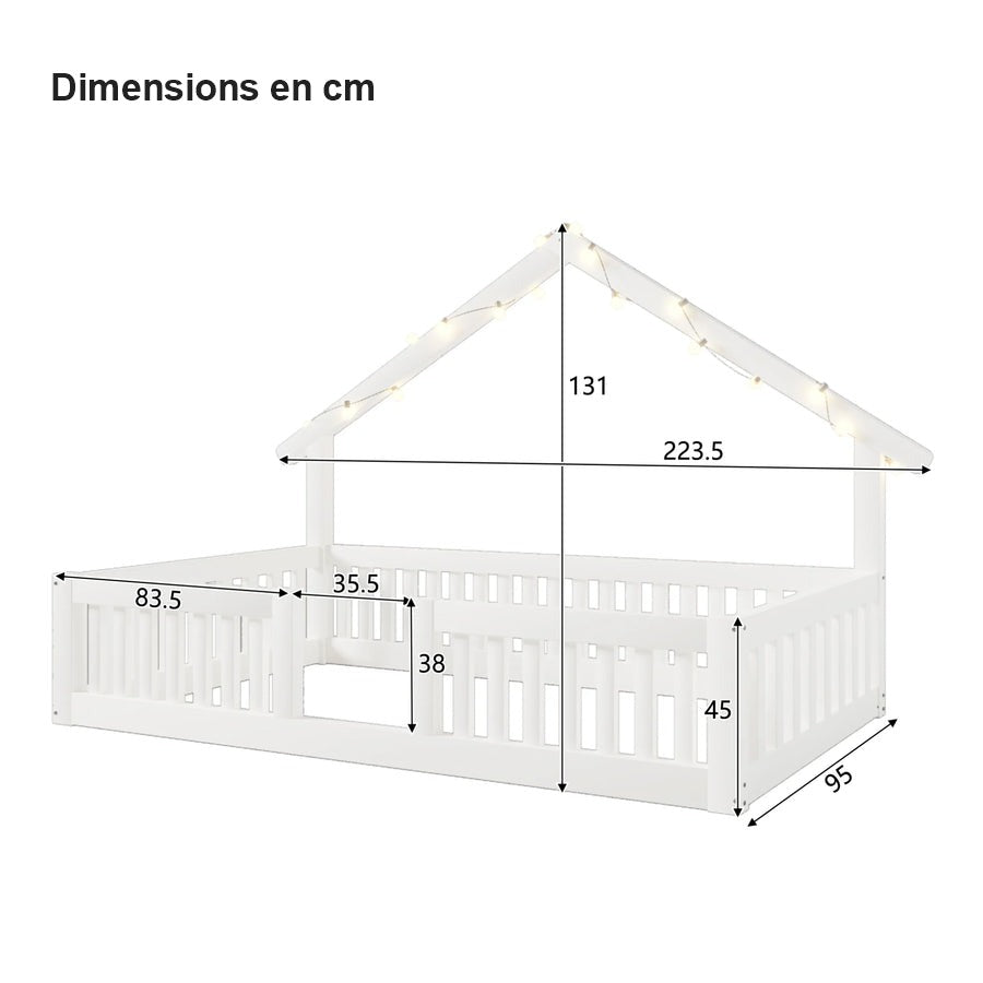 Dimensions du lit cabane blanc 90x200 avec guirlande