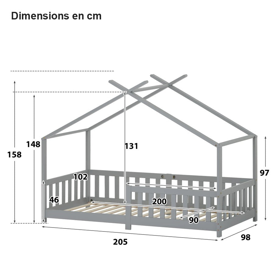 Dimensions du lit cabane gris 90x200