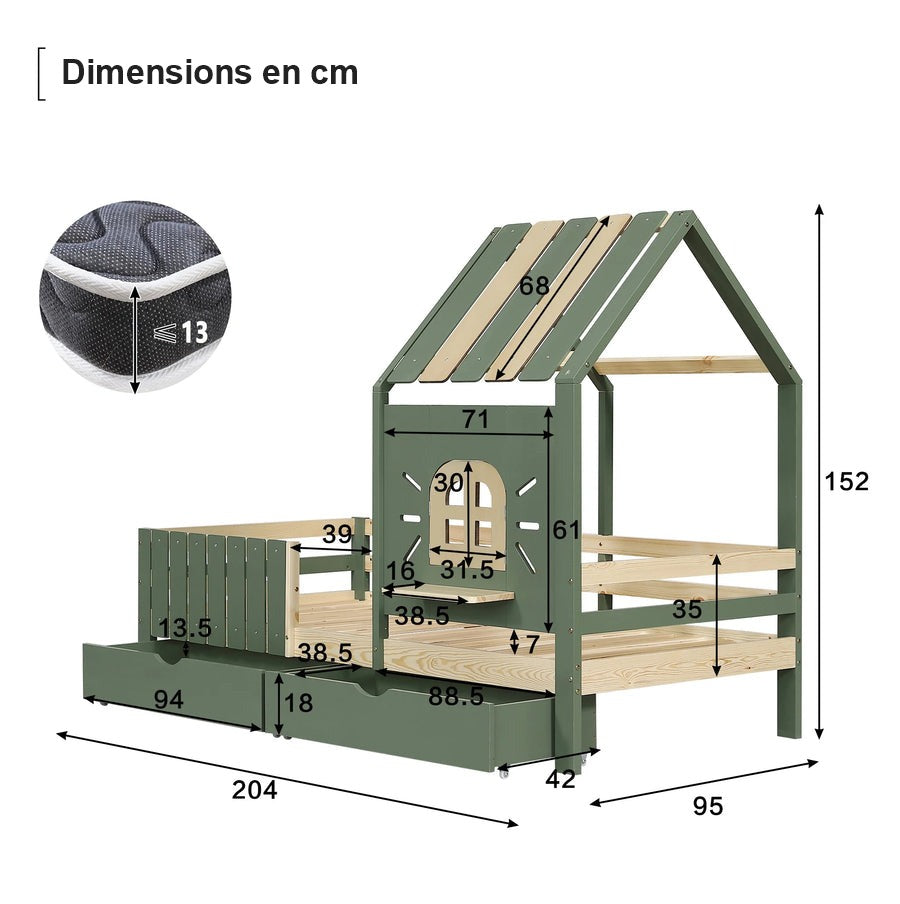 Dimensions du lit cabane vert sauge 90x200