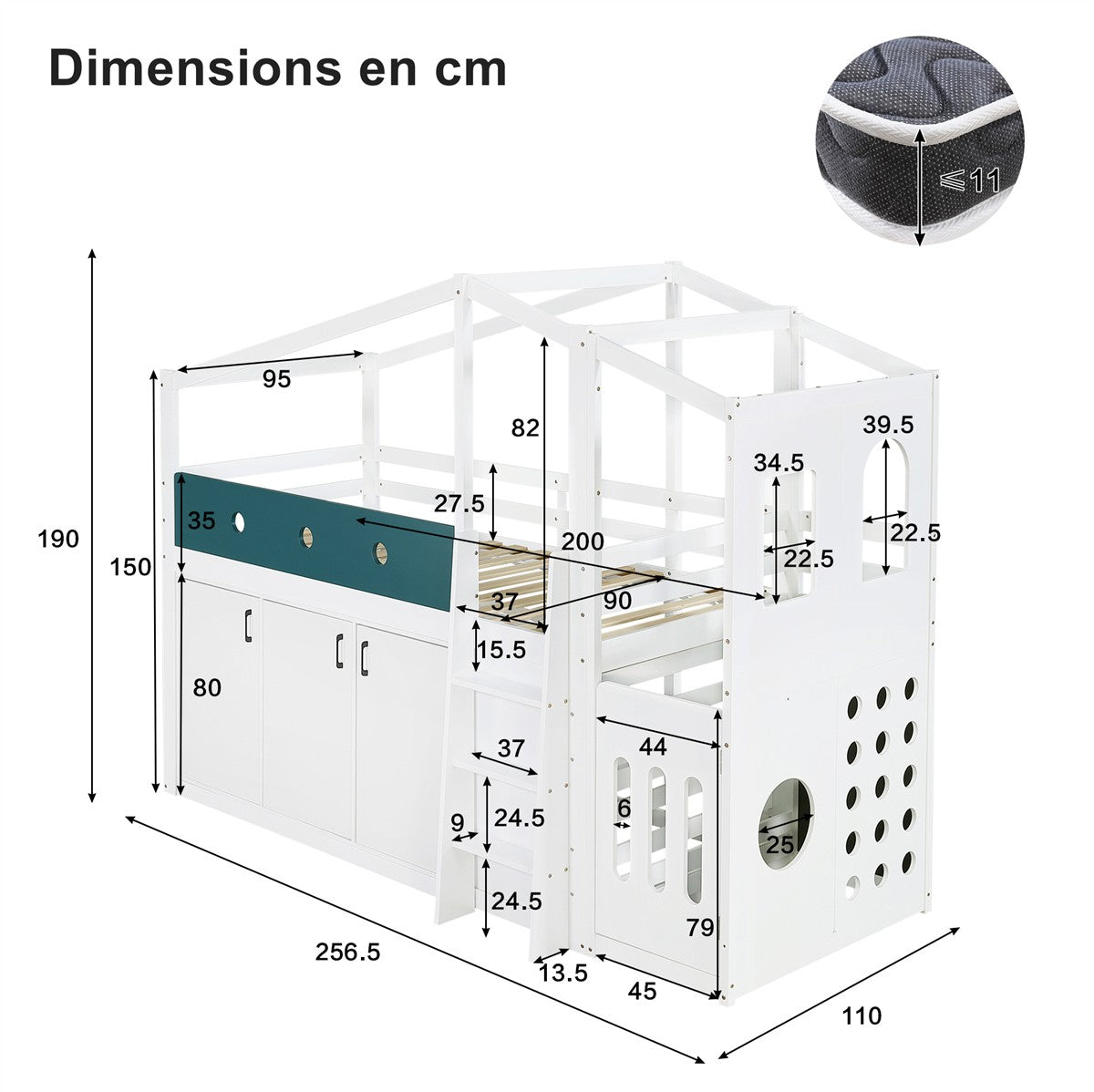 Dimensions du lit cabane mi-hauteur 90x200