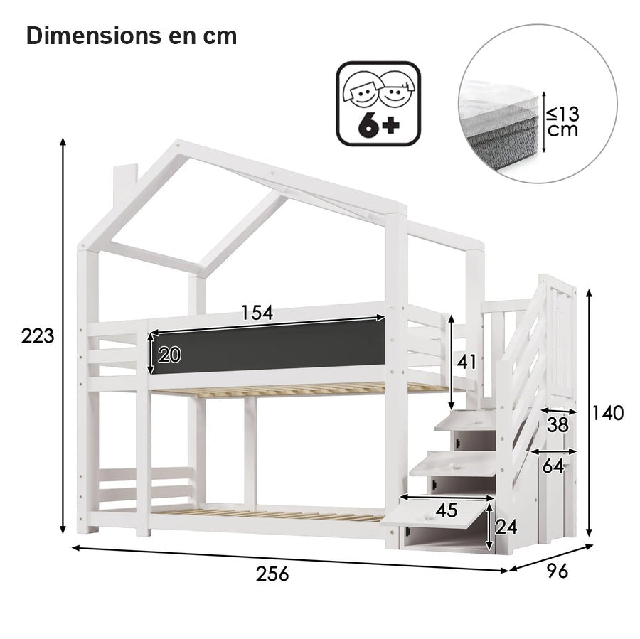 Dimensions du lit superposé cabane blanc 90x200