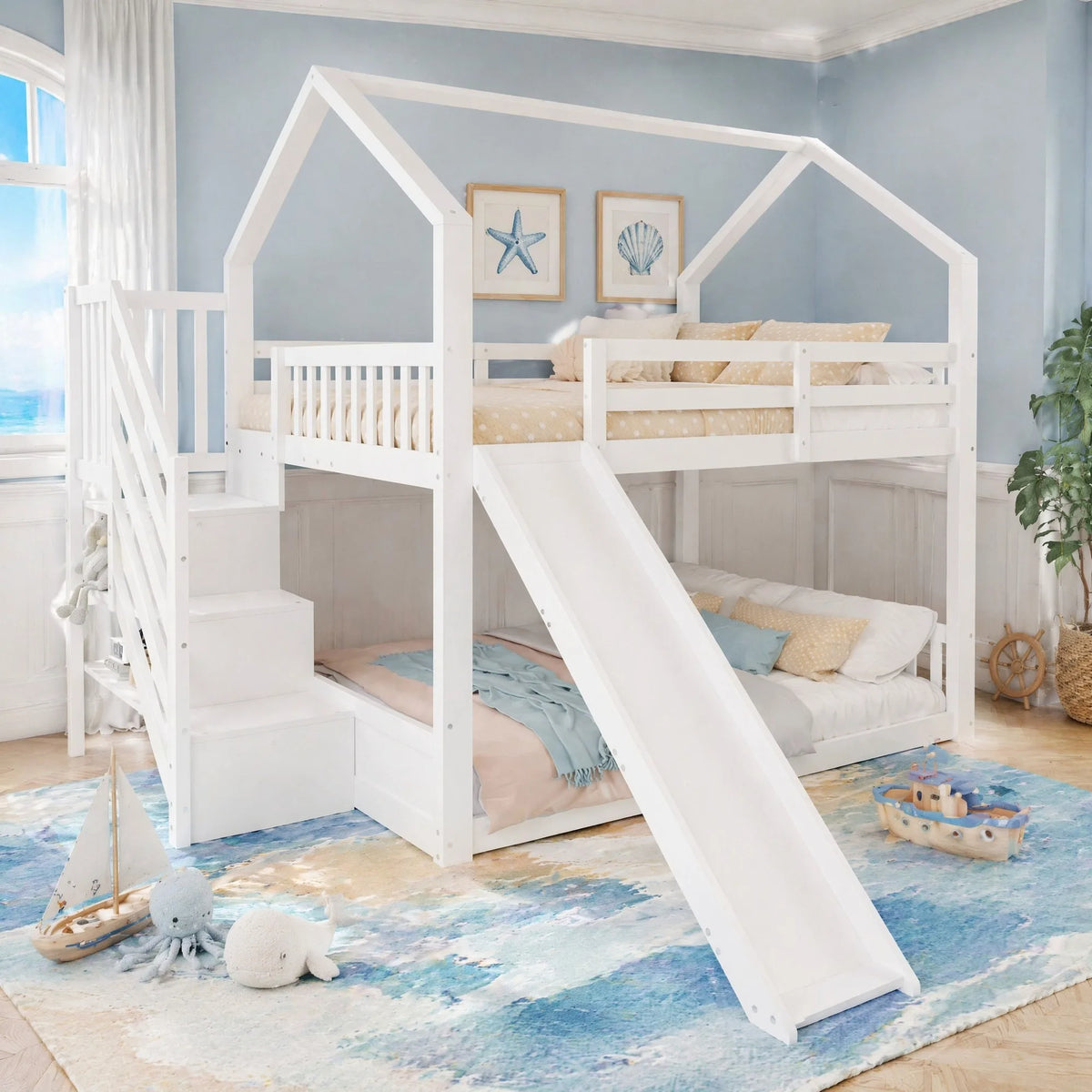 Lit toboggan cabane blanc 140x200 dans une chambre d'enfant