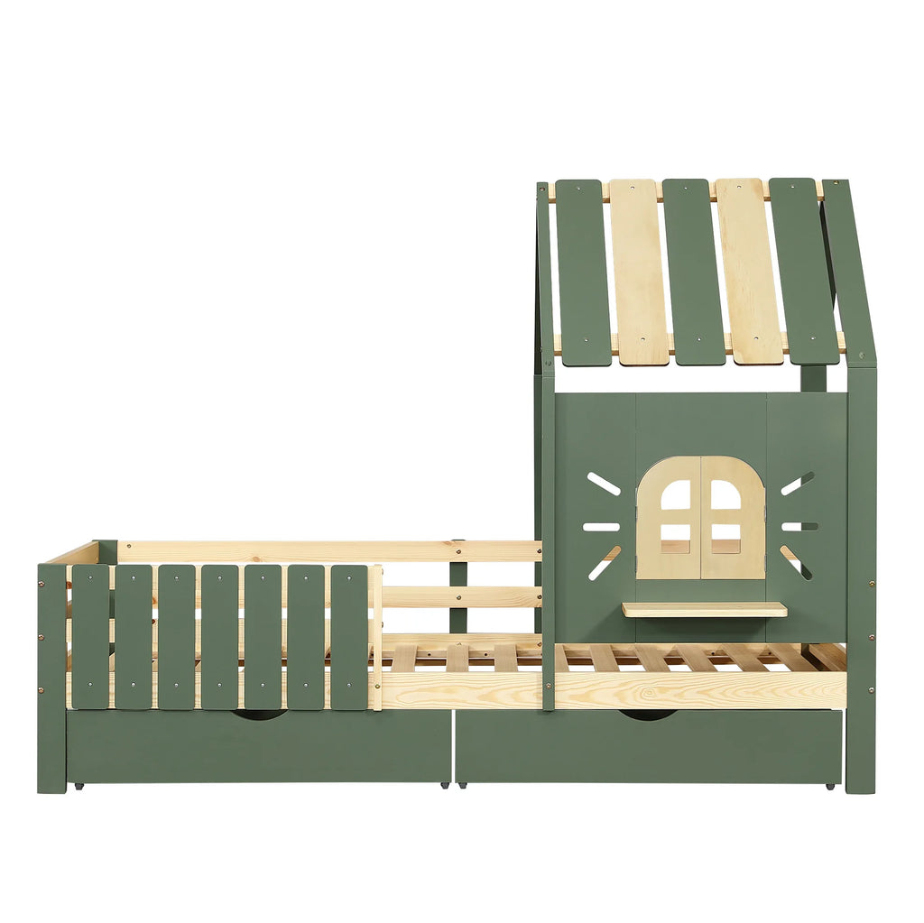 Lit cabane vert sauge vue de face sur fond blanc