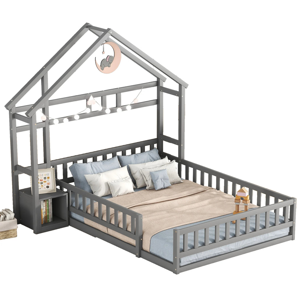 Lit cabane gris 140x200 sur fond blanc