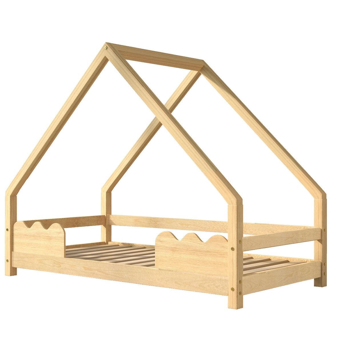 Lit cabane pin naturel sur fond blanc