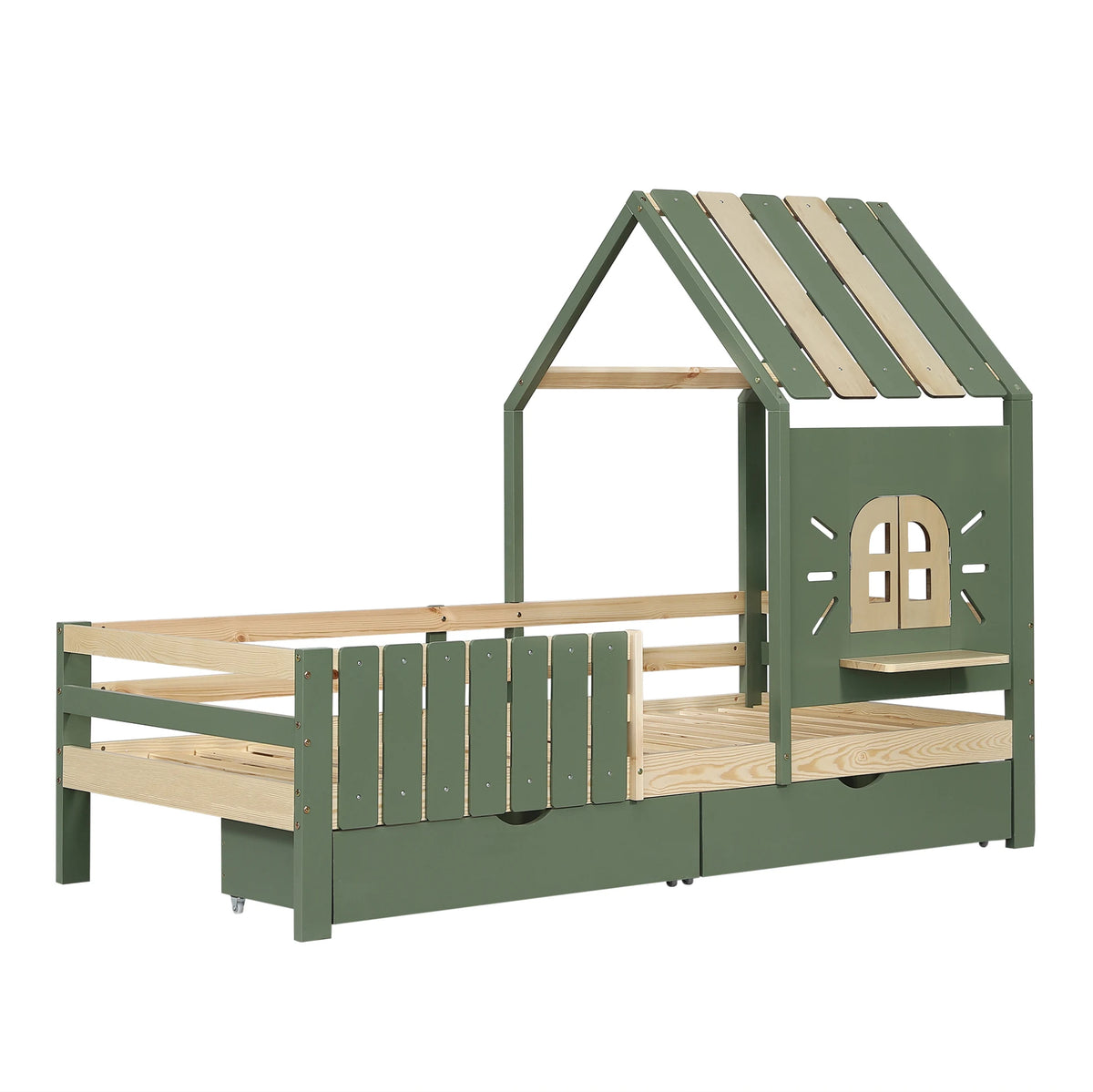 Lit cabane vert sauge sur fond blanc