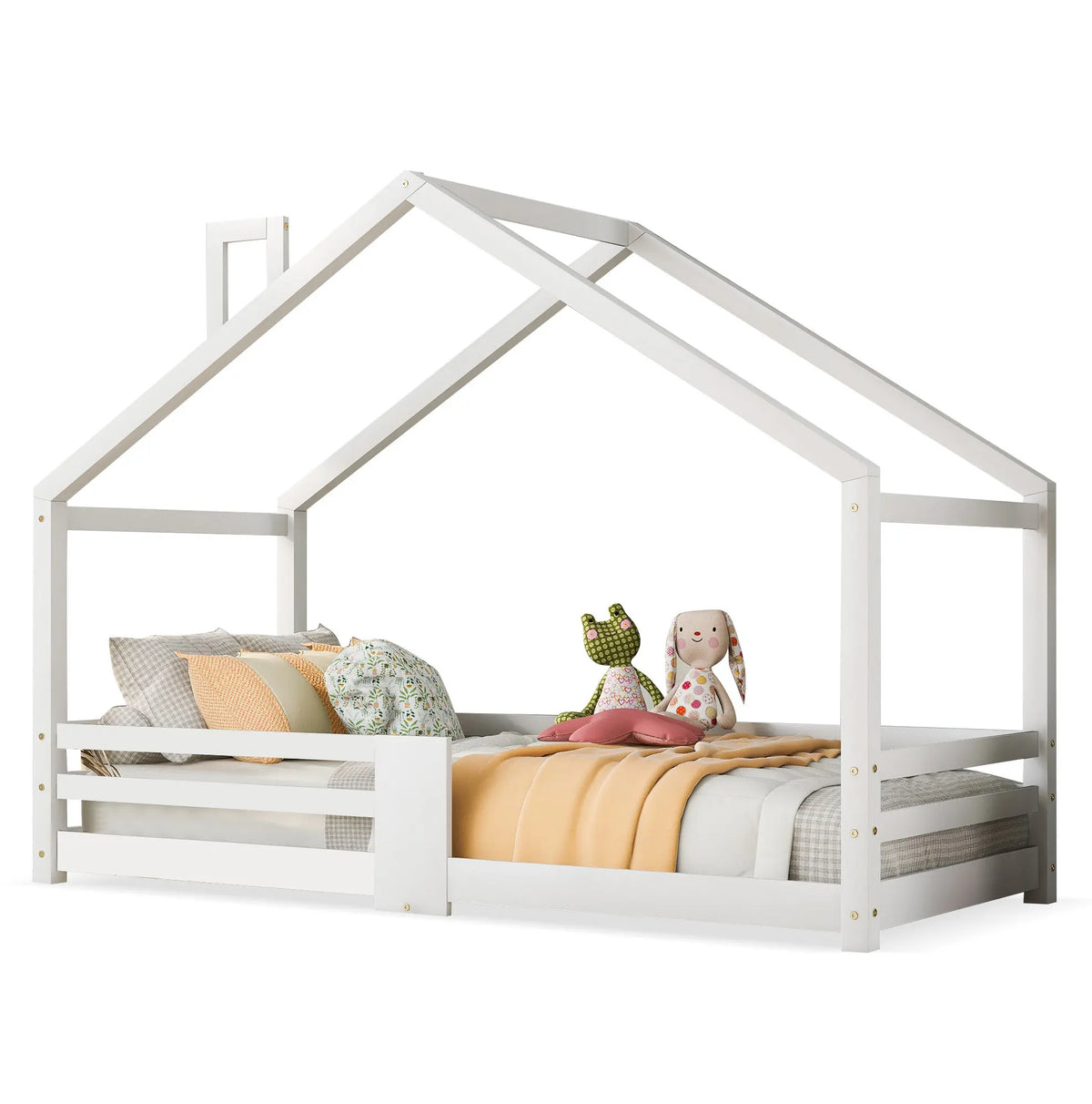 Lit cabane blanc avec cheminée sur fond blanc