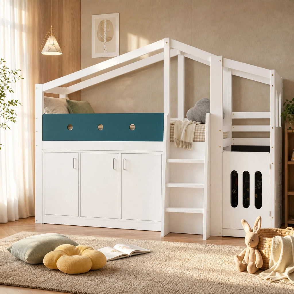 Lit cabane mi-hauteur blanc 90x200 avec armoire 3 portes dans une chambre