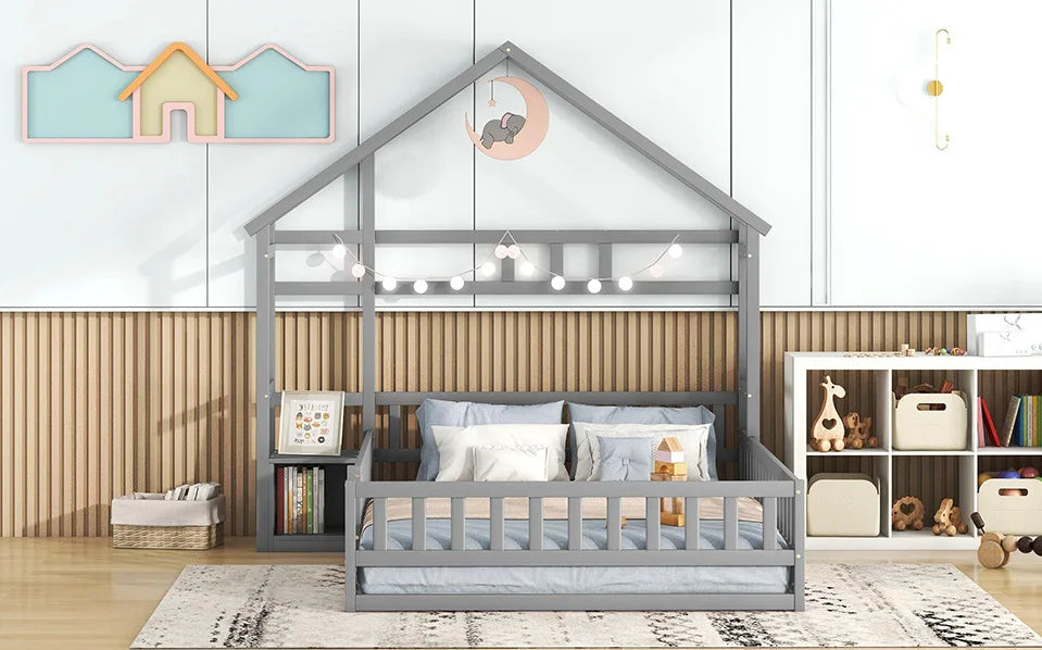 Lit cabane gris 140x200 dans une chambre lumineuse