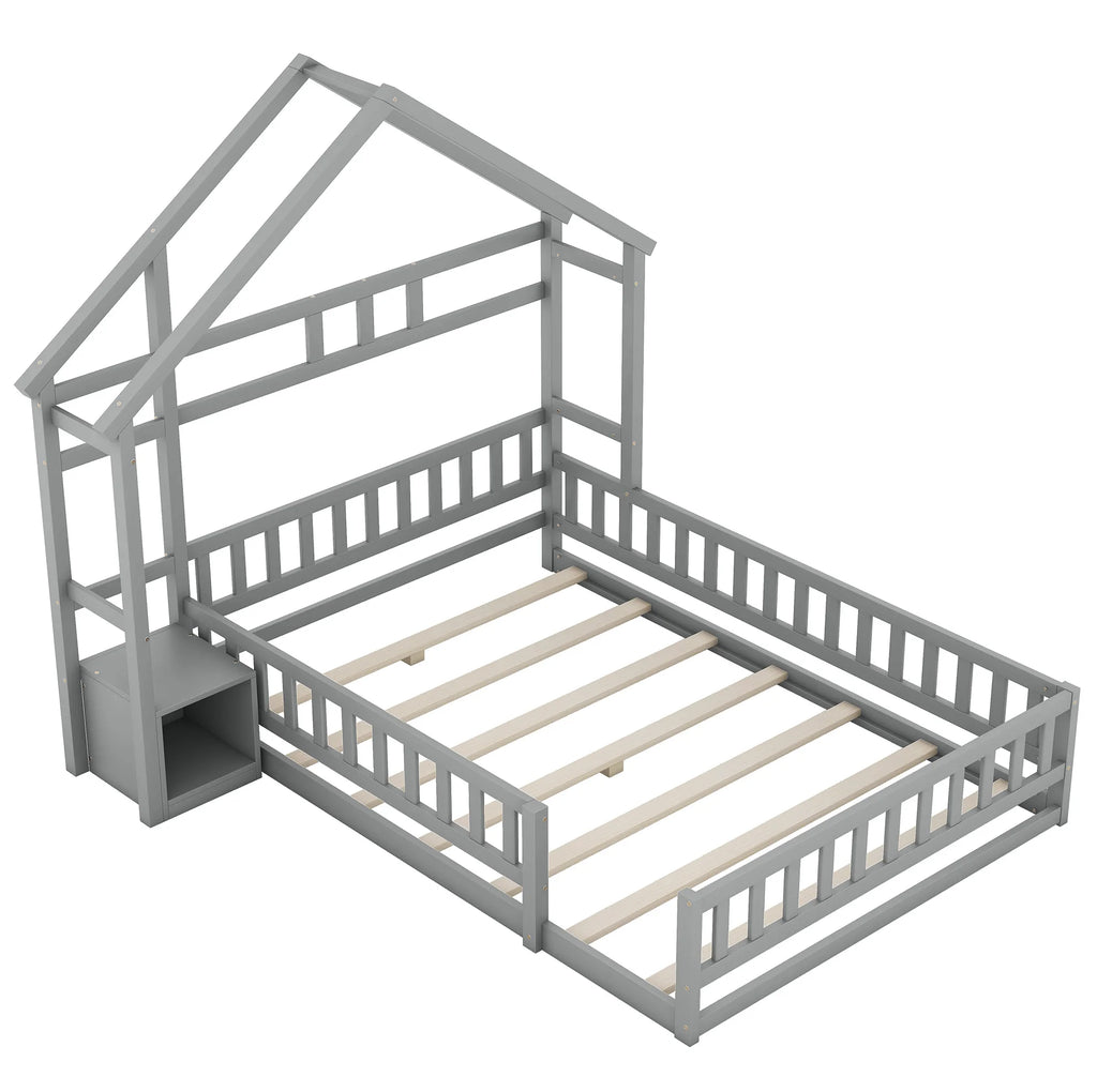 Lit cabane gris 140x200 vue de dessus sur fond blanc