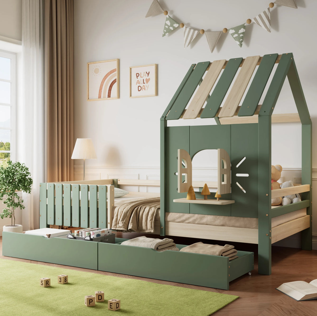 Lit cabane vert sauge 90x200 avec tiroirs ouverts dans une chambre