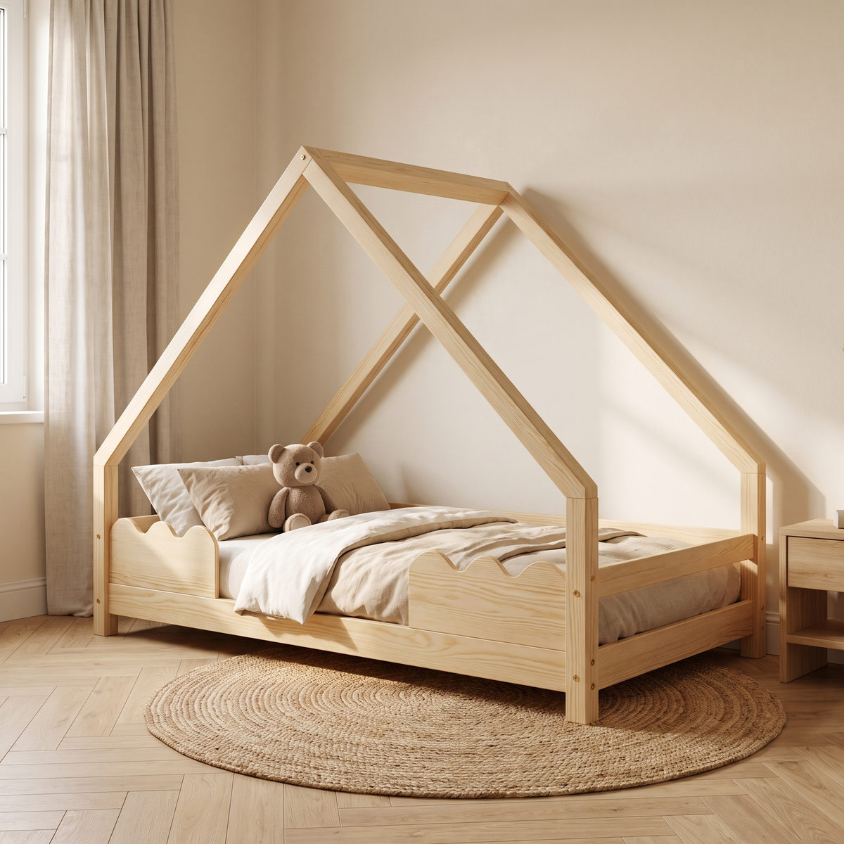Lit cabane en pin naturel avec barrières vagues dans une chambre d'enfant