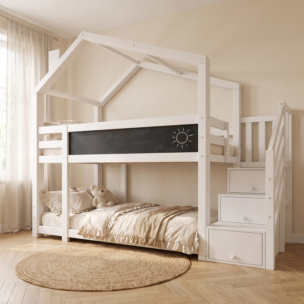 Lit superposé cabane blanc avec tableau noir dans une chambre d'enfant