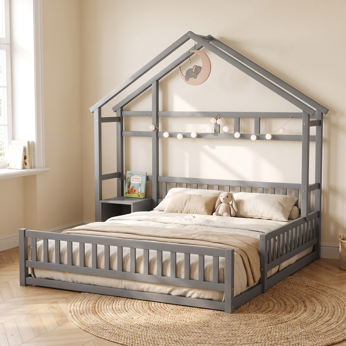 Lit cabane gris 140x200 avec chevet dans une chambre d'enfant