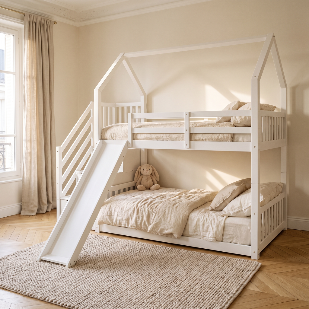 Lit toboggan cabane blanc 140x200 dans une chambre d'enfant