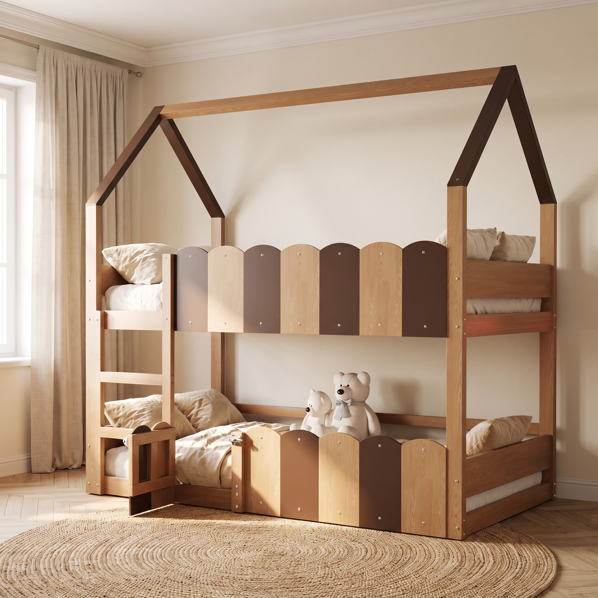 Lit superposé cabane naturel et brun avec portillon dans une chambre d'enfant