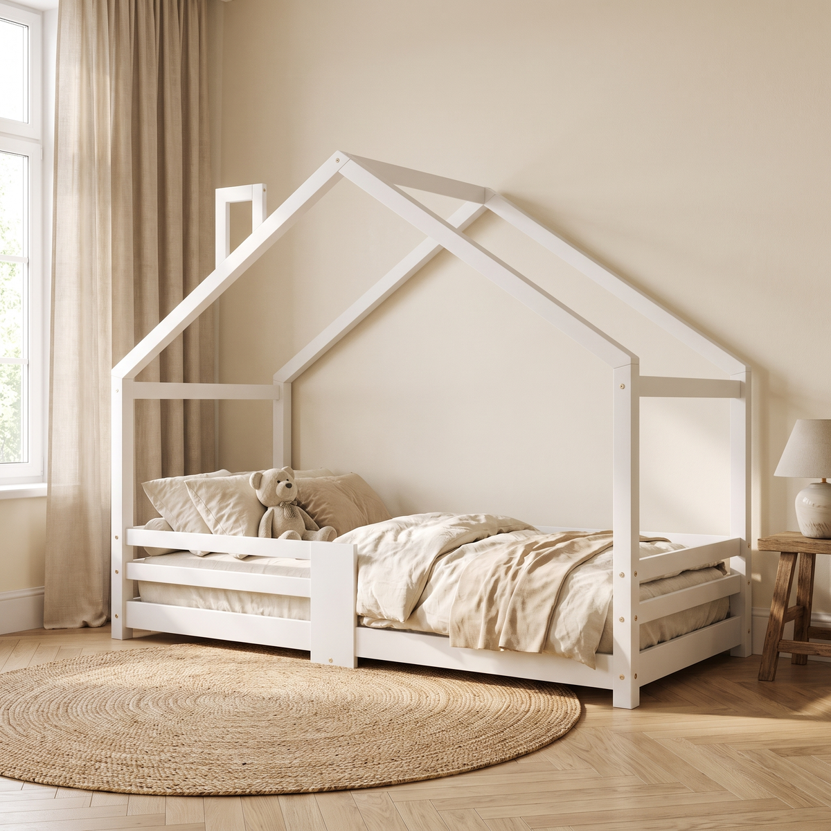 Lit cabane blanc avec cheminée dans une chambre d'enfant