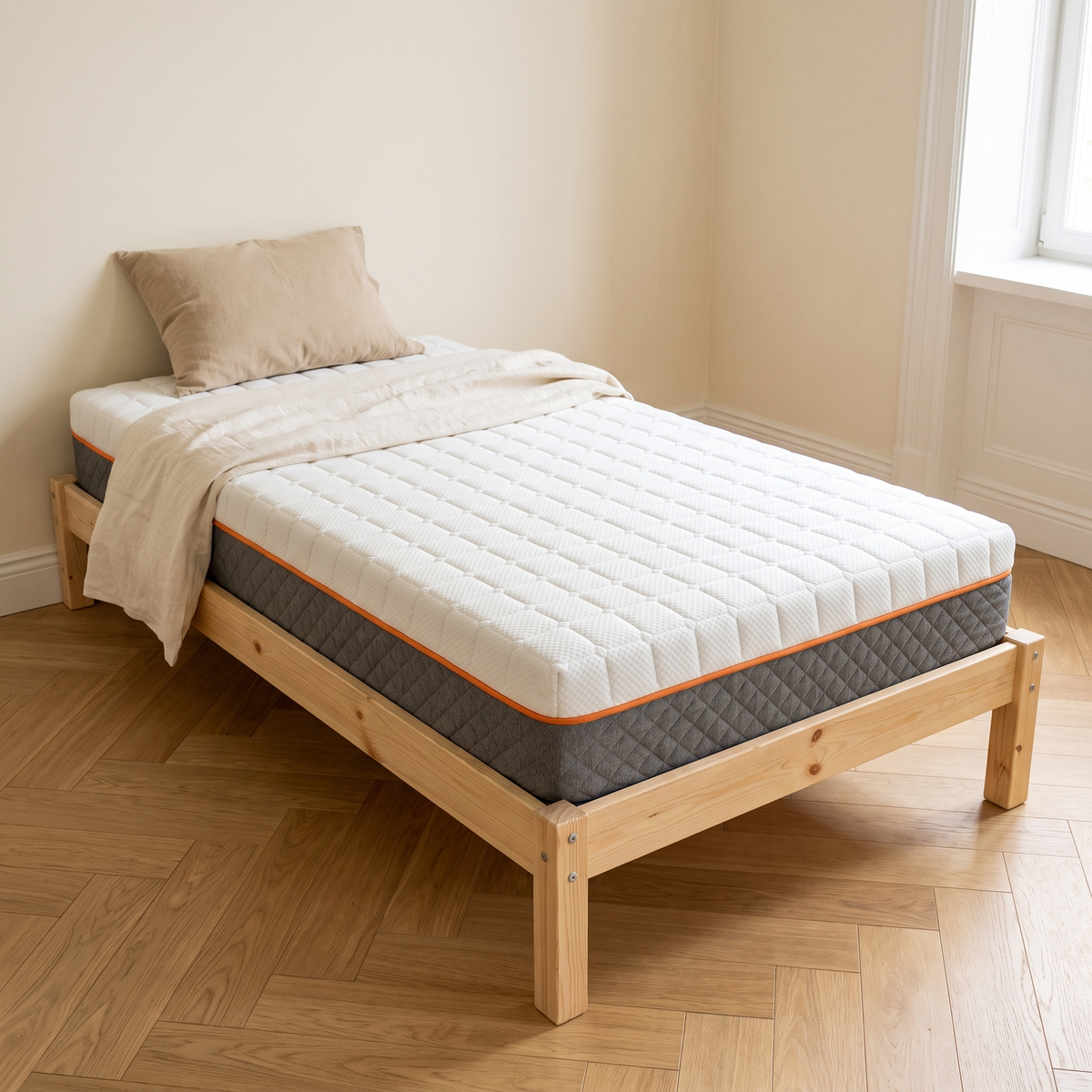 Matelas à mémoire de forme 18 cm posé sur un lit en pin