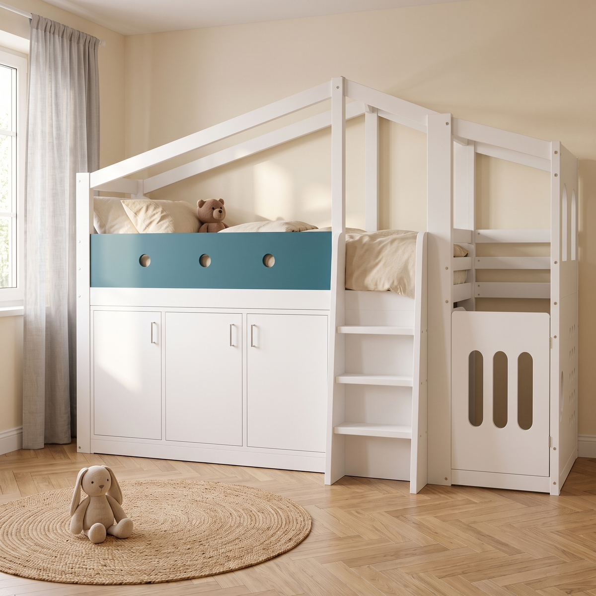 Lit cabane mi-hauteur blanc avec armoire dans une chambre d'enfant