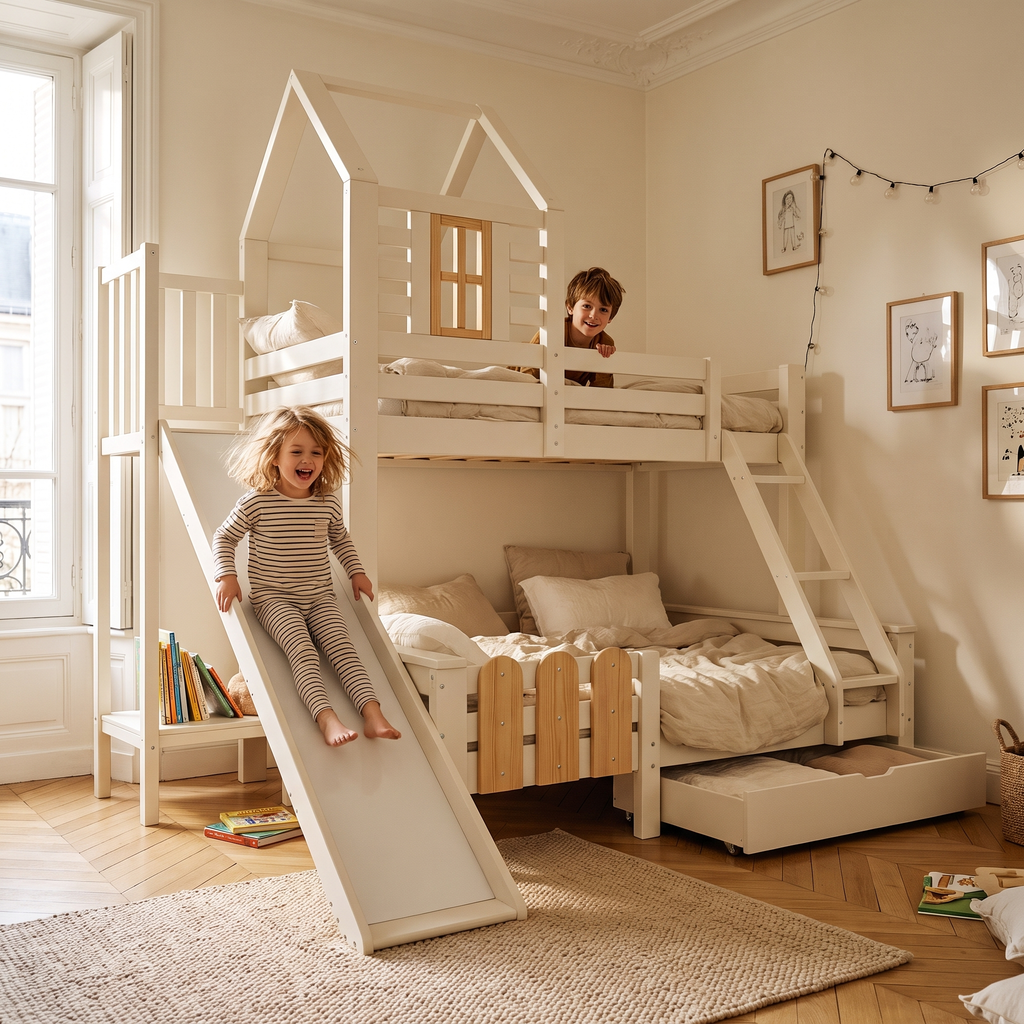 Enfant sur le toboggan du lit cabane familial