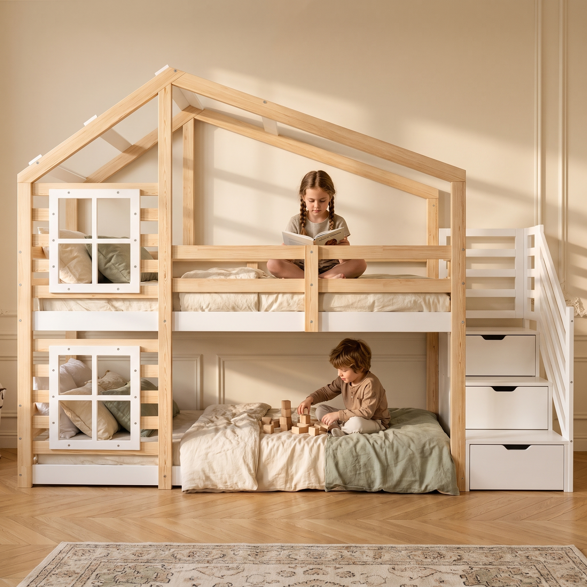 Lit superposé cabane naturel et blanc avec deux enfants