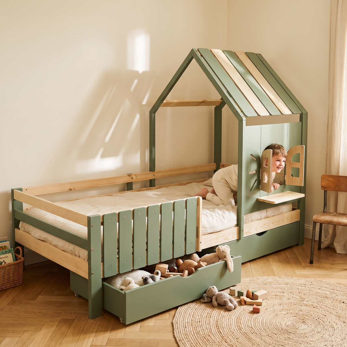 Lit cabane vert sauge avec fenêtre et tiroirs avec un enfant