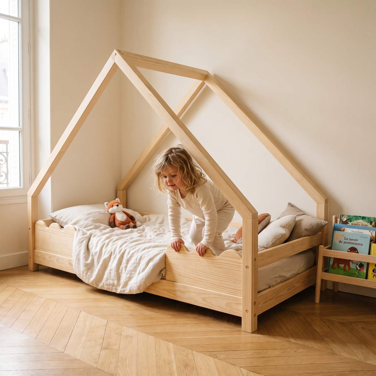 Lit cabane en pin naturel avec barrières vagues avec un enfant