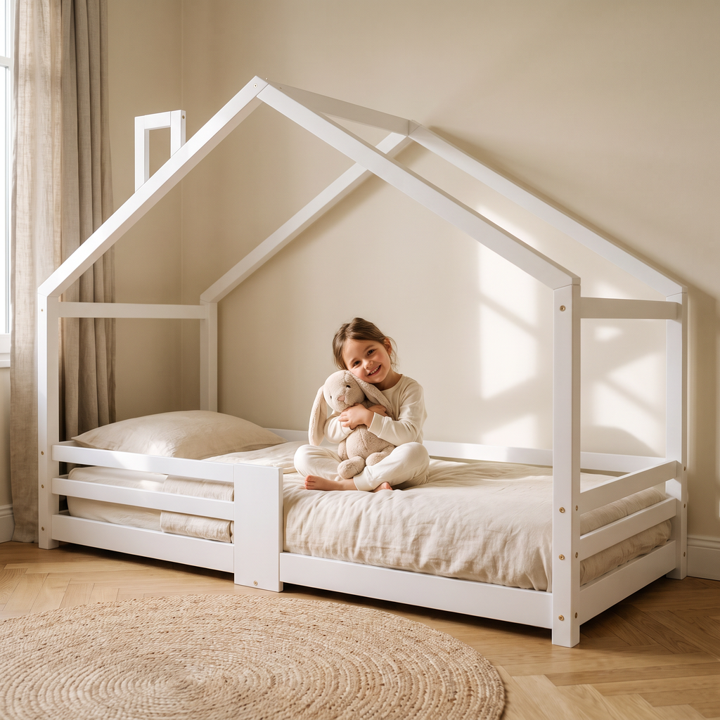 Lit cabane blanc avec cheminée avec un enfant