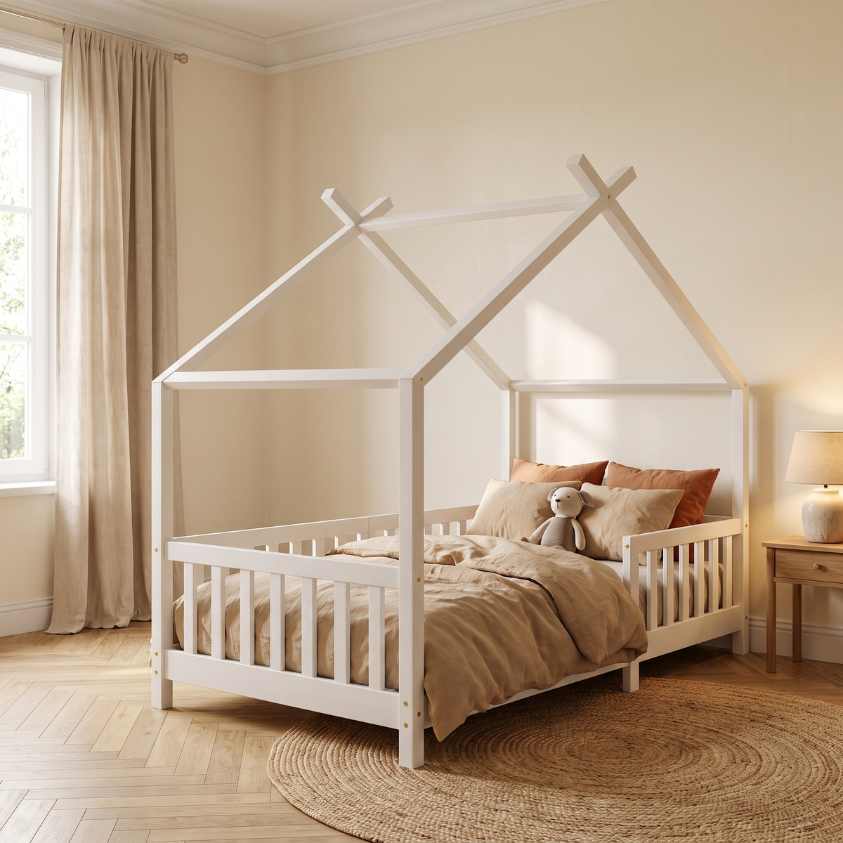 Lit cabane blanc à barreaux dans une chambre d'enfant