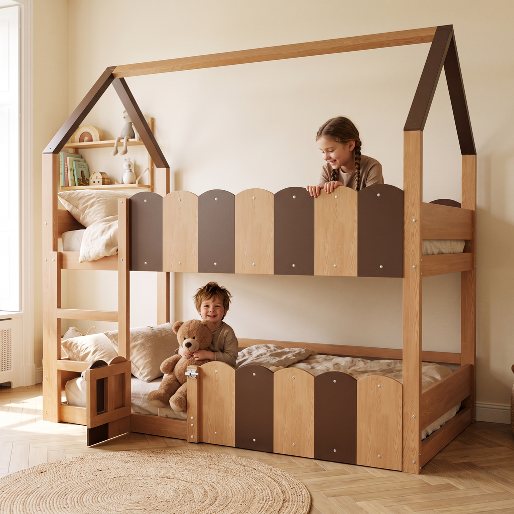 Lit superposé cabane naturel et brun avec deux enfants