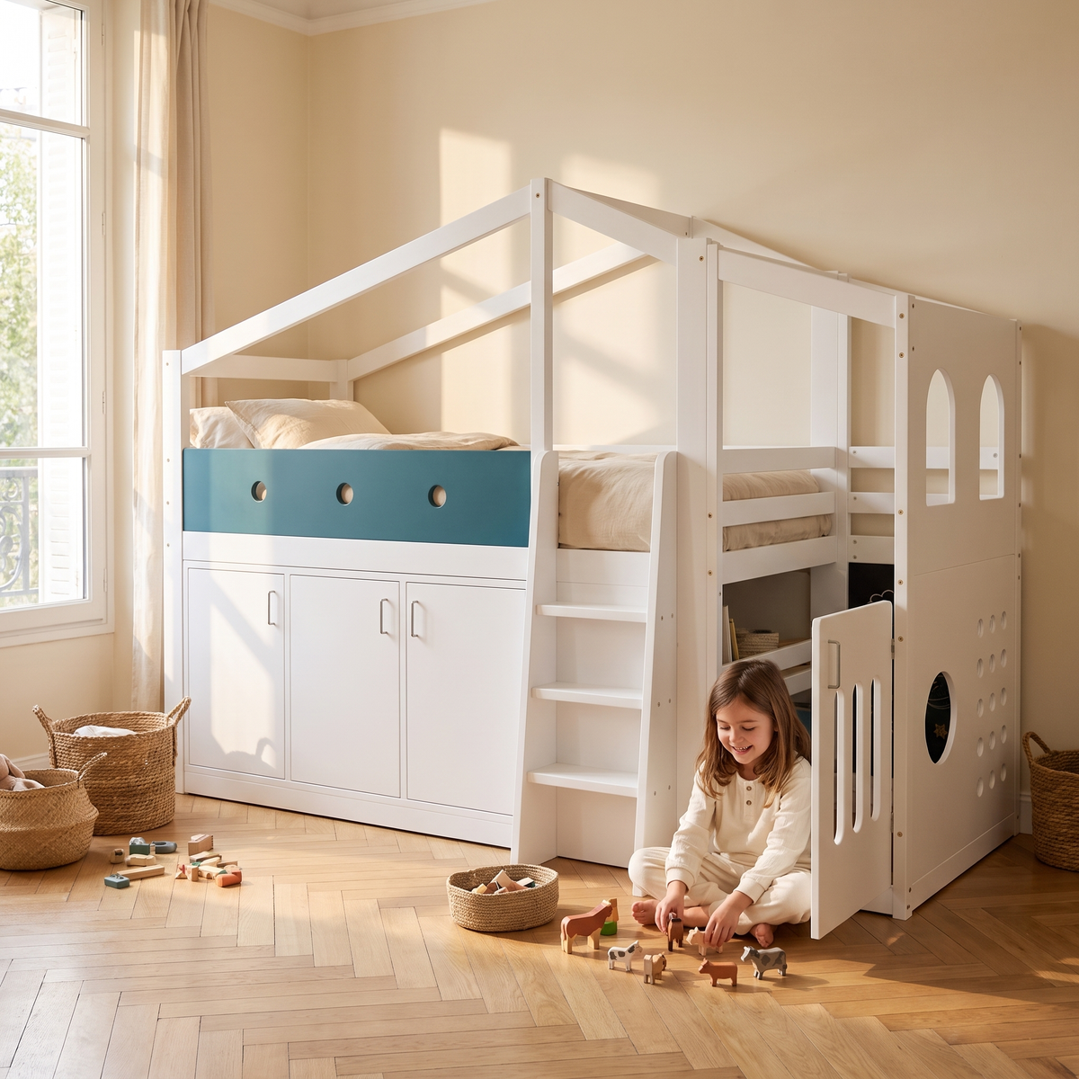 Enfant jouant dans le coin de jeu du lit cabane mi-hauteur