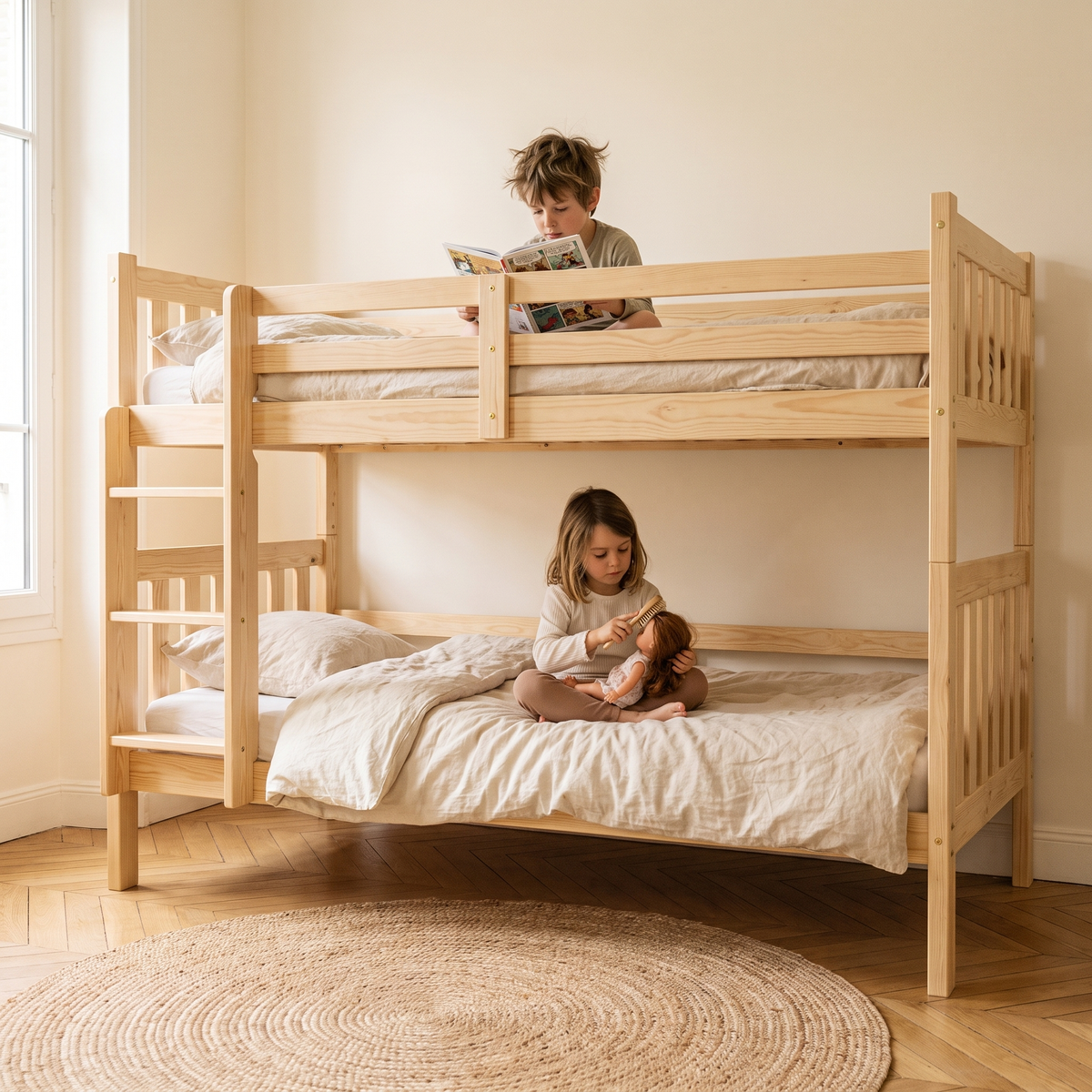 Lit superposé en pin convertible avec deux enfants