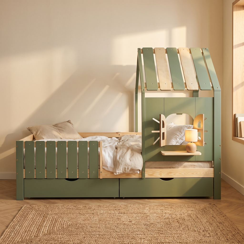 Lit cabane vert sauge avec fenêtre et tiroirs vu de face