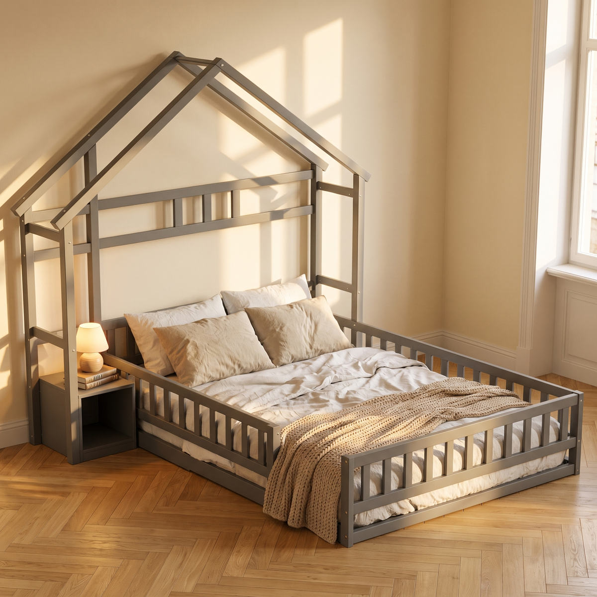 Lit cabane gris 140x200 avec chevet vu du pied du lit