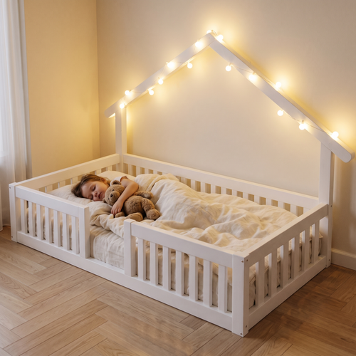 Lit cabane blanc avec guirlande lumineuse avec un enfant