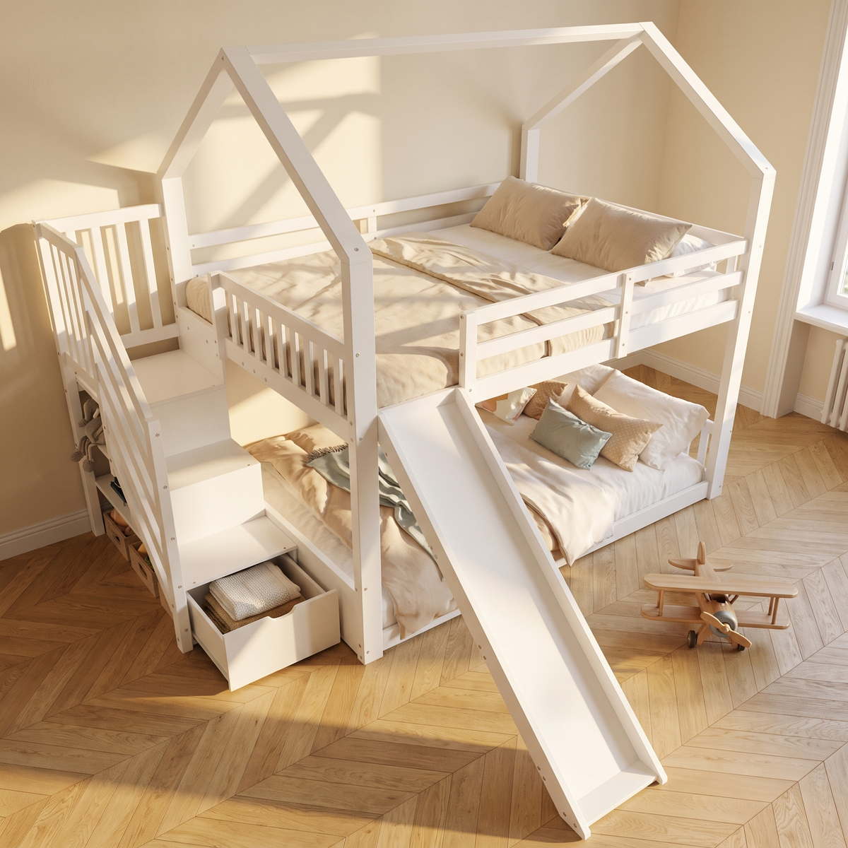 Lit toboggan cabane blanc 140x200 vu de trois quarts