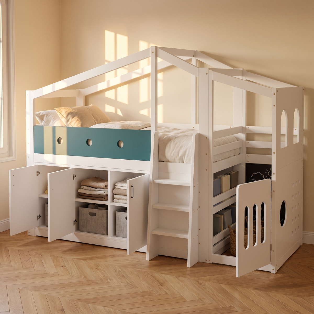 Lit cabane mi-hauteur blanc, armoire et coin de jeu ouverts